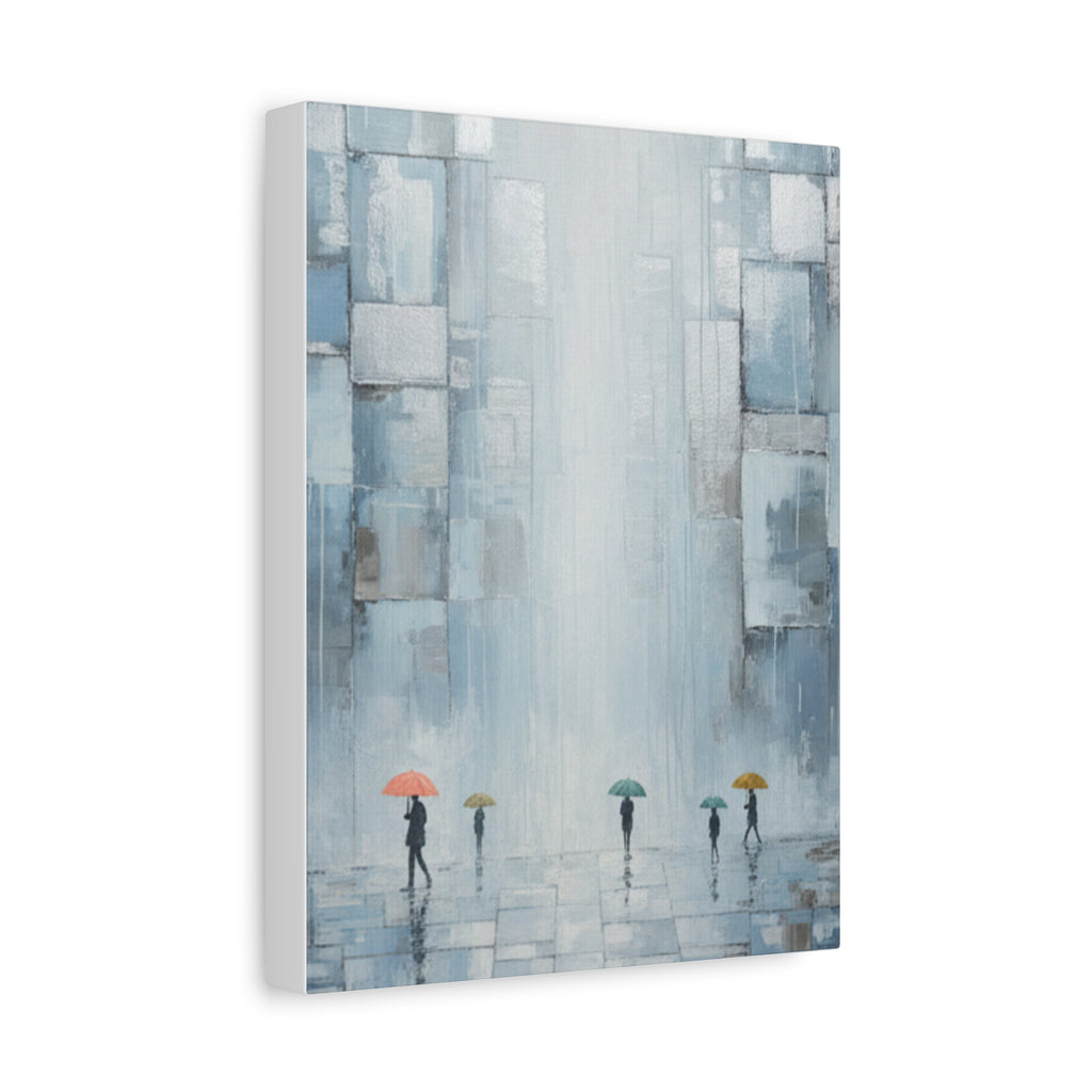 Urban Rainfall Canvas Print — Abstract Cityscape with Colorful Umbrellas (Matte Stretched)