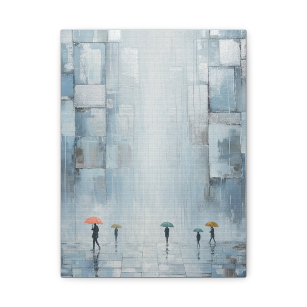 Urban Rainfall Canvas Print — Abstract Cityscape with Colorful Umbrellas (Matte Stretched)